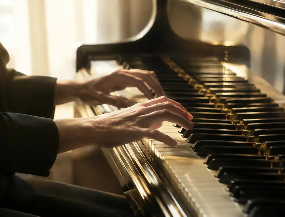 Hands on piano keys during adult piano lessons in Fresno