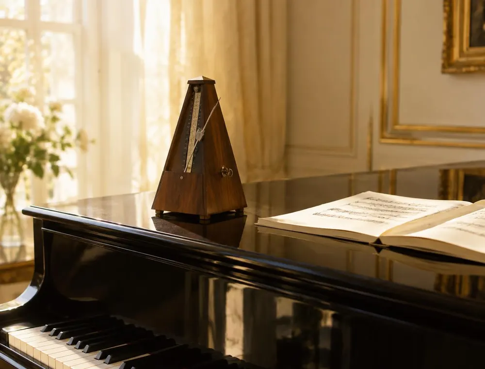A metronome on a grand piano for adult piano lessons in Fresno