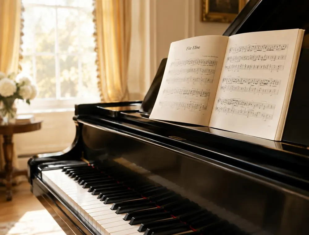 Sheet music on a grand piano for kids piano lessons in Fresno