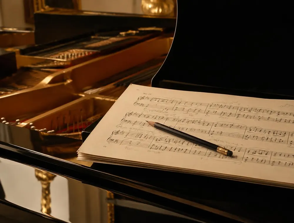 A pencil marking notes on a piano score for kids piano lessons in Fresno