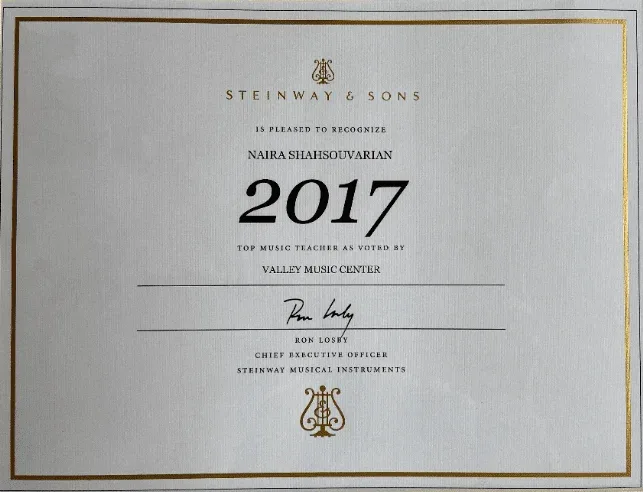 Steinway & Sons 2017 Top Music Teacher award, Naira Shahsouvarian, Fresno piano teacher